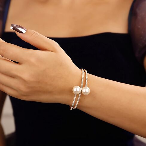 YERTTER لذيذ حجر الراين 1920s الفضة الذهب وهمية اللؤلؤ المفتوحة الإسورة سوار الزفاف سباركلي الطبقات التفاف الكفة الإسورة سوار قابل للتعديل أساور اللؤلؤ للنساء العرائس الفتيات in Kuwait