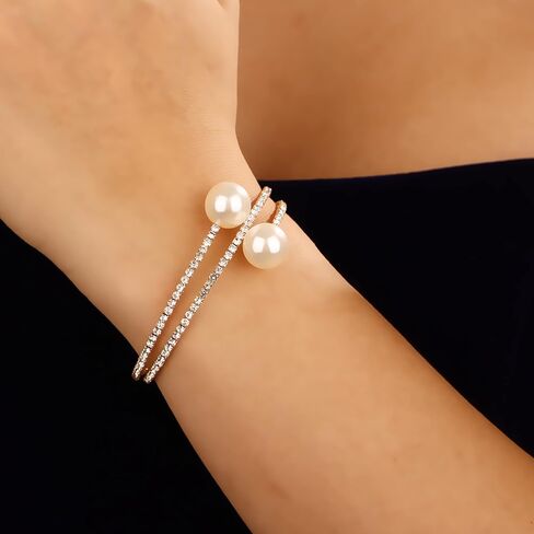 YERTTER لذيذ حجر الراين 1920s الفضة الذهب وهمية اللؤلؤ المفتوحة الإسورة سوار الزفاف سباركلي الطبقات التفاف الكفة الإسورة سوار قابل للتعديل أساور اللؤلؤ للنساء العرائس الفتيات in Kuwait