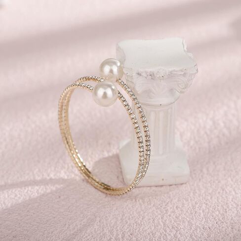 YERTTER لذيذ حجر الراين 1920s الفضة الذهب وهمية اللؤلؤ المفتوحة الإسورة سوار الزفاف سباركلي الطبقات التفاف الكفة الإسورة سوار قابل للتعديل أساور اللؤلؤ للنساء العرائس الفتيات in Kuwait