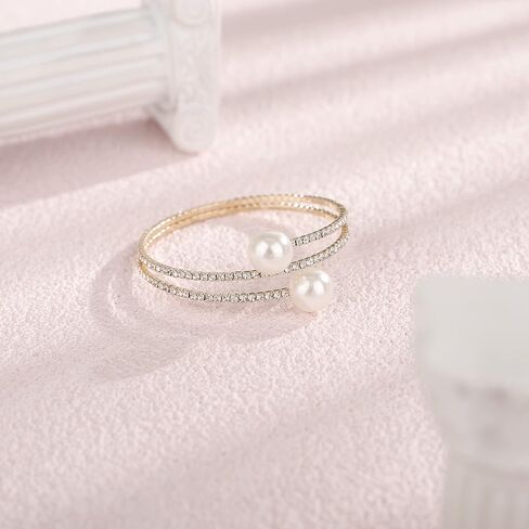 YERTTER لذيذ حجر الراين 1920s الفضة الذهب وهمية اللؤلؤ المفتوحة الإسورة سوار الزفاف سباركلي الطبقات التفاف الكفة الإسورة سوار قابل للتعديل أساور اللؤلؤ للنساء العرائس الفتيات in Kuwait