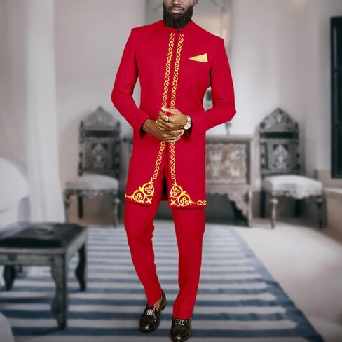 Men's Suit African Clothes Embroidery Blazer and Pants 2 Piece Set Formal Outfits Dashiki Attire in Kuwait