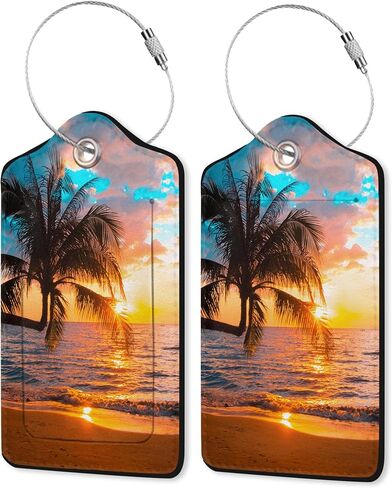 2 Pack Leather Luggage Tag for Suitcase Beach Palm Tree Sunset Unique Suitcase Tag with Privacy Cover ID Label & Stainless Steel Loop for Women Men Suitcase Baggage,Travel Tags for Luggage in Kuwait