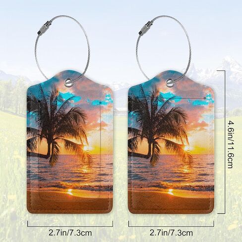 2 Pack Leather Luggage Tag for Suitcase Beach Palm Tree Sunset Unique Suitcase Tag with Privacy Cover ID Label & Stainless Steel Loop for Women Men Suitcase Baggage,Travel Tags for Luggage in Kuwait