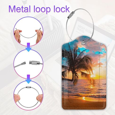 2 Pack Leather Luggage Tag for Suitcase Beach Palm Tree Sunset Unique Suitcase Tag with Privacy Cover ID Label & Stainless Steel Loop for Women Men Suitcase Baggage,Travel Tags for Luggage in Kuwait