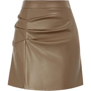 Kate Kasin Women's Leather Skirts Front Slit Ruched Bodycon Mini Skirt High Waist PU Leather Skorts