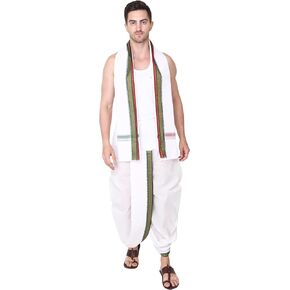 سروال يوجا هندي باستك عند الخصر من راميشوارام فابريكس - جيب جانبي - سروال يوغا من القطن الفاخر الجاهز بنمط دوتي للرجال مع وشاح دوباتا بلون ابيض، مقاس واحد in Kuwait
