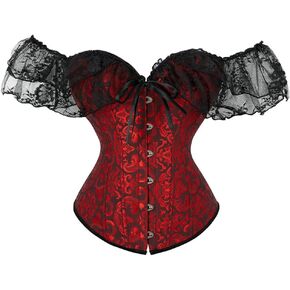 SHYMMUO Women Corset Top with Lace Sleeve Lace Up Sexy Bustier Lingerie Waist Trainer Costume Tops