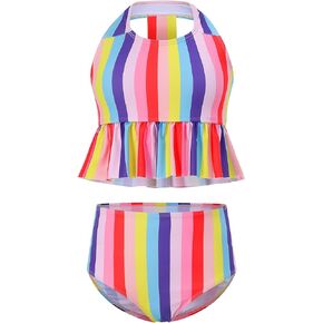 GERU Girls 2 Pieces Halter Ruffle Swimsuit High Waisted Bathing Suit Halter Neck Bikini Set