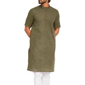 Mens Kurta Cotton Linen Henley Shirts Kaftan Short Sleeve Lounge Plain Gown Shirt
