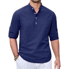 Alimens & Gentle Men's Cotton Linen Henley Shirts Long Sleeve Roll-up Summer Hawiian Beach Casual Shirt