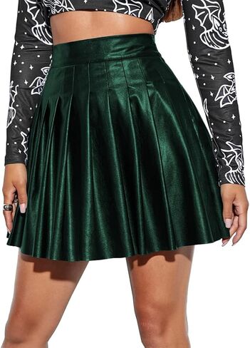 Women's PU Leather High Waist Pleated Mini Skirts Flared A-Line Short Skirt Nightclub Festival Rave Outfits in Saudi Arabia