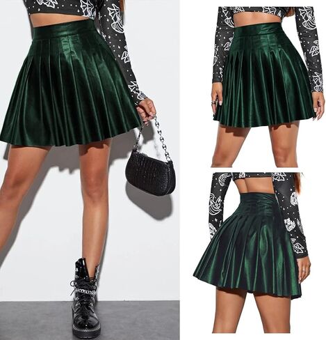 Women's PU Leather High Waist Pleated Mini Skirts Flared A-Line Short Skirt Nightclub Festival Rave Outfits in Saudi Arabia
