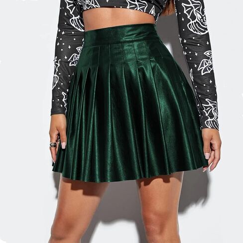 Women's PU Leather High Waist Pleated Mini Skirts Flared A-Line Short Skirt Nightclub Festival Rave Outfits in Saudi Arabia