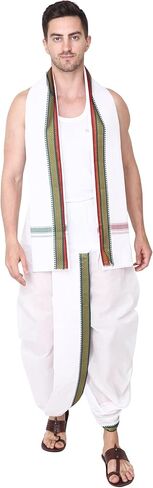 سروال يوجا هندي باستك عند الخصر من راميشوارام فابريكس - جيب جانبي - سروال يوغا من القطن الفاخر الجاهز بنمط دوتي للرجال مع وشاح دوباتا بلون ابيض، مقاس واحد in Kuwait