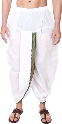 سروال يوجا هندي باستك عند الخصر من راميشوارام فابريكس - جيب جانبي - سروال يوغا من القطن الفاخر الجاهز بنمط دوتي للرجال مع وشاح دوباتا بلون ابيض، مقاس واحد in Kuwait
