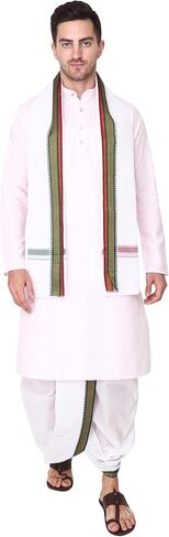 سروال يوجا هندي باستك عند الخصر من راميشوارام فابريكس - جيب جانبي - سروال يوغا من القطن الفاخر الجاهز بنمط دوتي للرجال مع وشاح دوباتا بلون ابيض، مقاس واحد in Kuwait