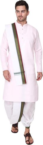 سروال يوجا هندي باستك عند الخصر من راميشوارام فابريكس - جيب جانبي - سروال يوغا من القطن الفاخر الجاهز بنمط دوتي للرجال مع وشاح دوباتا بلون ابيض، مقاس واحد in Kuwait