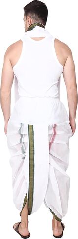 سروال يوجا هندي باستك عند الخصر من راميشوارام فابريكس - جيب جانبي - سروال يوغا من القطن الفاخر الجاهز بنمط دوتي للرجال مع وشاح دوباتا بلون ابيض، مقاس واحد in Kuwait