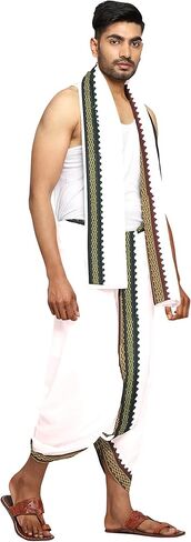 سروال يوجا هندي باستك عند الخصر من راميشوارام فابريكس - جيب جانبي - سروال يوغا من القطن الفاخر الجاهز بنمط دوتي للرجال مع وشاح دوباتا بلون ابيض، مقاس واحد in Kuwait