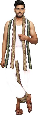 سروال يوجا هندي باستك عند الخصر من راميشوارام فابريكس - جيب جانبي - سروال يوغا من القطن الفاخر الجاهز بنمط دوتي للرجال مع وشاح دوباتا بلون ابيض، مقاس واحد in Kuwait