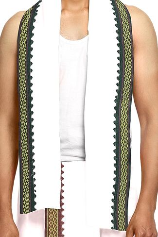 سروال يوجا هندي باستك عند الخصر من راميشوارام فابريكس - جيب جانبي - سروال يوغا من القطن الفاخر الجاهز بنمط دوتي للرجال مع وشاح دوباتا بلون ابيض، مقاس واحد in Kuwait