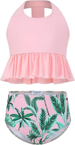GERU Girls 2 Pieces Halter Ruffle Swimsuit High Waisted Bathing Suit Halter Neck Bikini Set in Kuwait