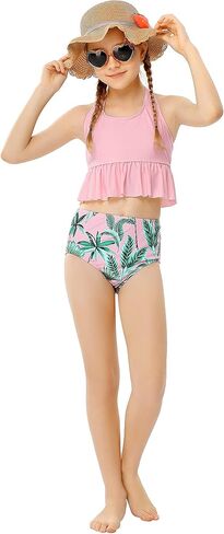 GERU Girls 2 Pieces Halter Ruffle Swimsuit High Waisted Bathing Suit Halter Neck Bikini Set in Kuwait