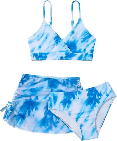 OYOANGLE Girl's 3 Piece Swimsuit Set Tie Dye Spaghetti Strap Bikini Swimsuit with Drawstring Beach Skirt in Saudi Arabia