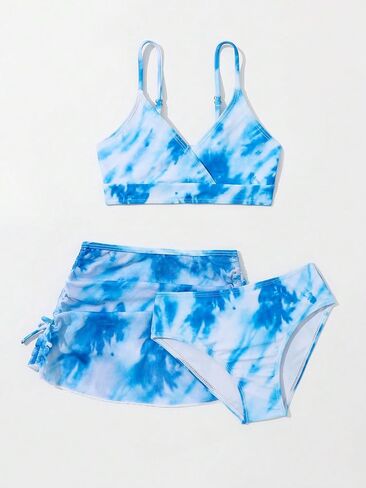 OYOANGLE Girl's 3 Piece Swimsuit Set Tie Dye Spaghetti Strap Bikini Swimsuit with Drawstring Beach Skirt in Saudi Arabia