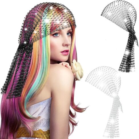 Yuxung 2 Pcs Rhinestone Mesh Headband Head Scarfs Stretchy Sparkly Wide Head Scarfs Diamond Headpiece Rhinestone Durag Crystal Nightclub Headwrap for Women Girls Rave Hair Accessories, 2 Colors in Saudi Arabia