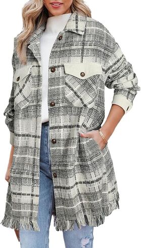 Astylish Women's Flannel Plaid Shacket Long Sleeve Oversized Button Down Shirt Jacket Coat in Saudi Arabia