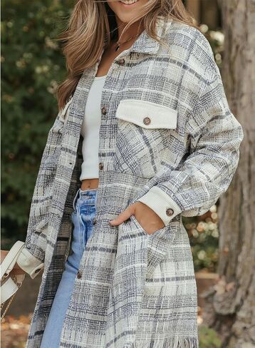 Astylish Women's Flannel Plaid Shacket Long Sleeve Oversized Button Down Shirt Jacket Coat in Saudi Arabia