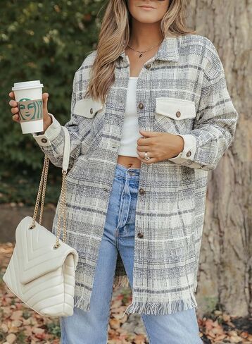 Astylish Women's Flannel Plaid Shacket Long Sleeve Oversized Button Down Shirt Jacket Coat in Saudi Arabia