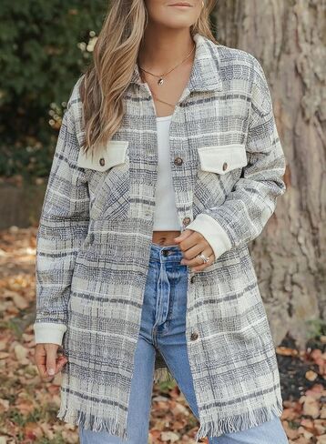 Astylish Women's Flannel Plaid Shacket Long Sleeve Oversized Button Down Shirt Jacket Coat in Saudi Arabia