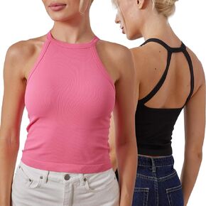 Homma Women's 2 Pack Crop Tops with Built-in Bra Halter Neck Basic Camisole Tops in Saudi Arabia