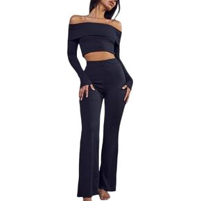 Sastianaen Women’s Basic 2 Piece Outfits Y2k Long Sleeve Crop Top and Low Waist Flare Pants Set Slim Lounge Yoga Tracksuit in Kuwait
