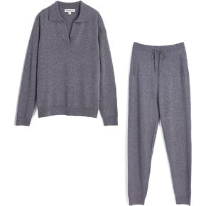 طقم بدلة رياضية نسائية منسوجة من الكشمير من GreenMount مكونة من قطعتين، بلوفر بولو عميق على شكل حرف V وبنطلون رياضي يحافظ على دفء 37.5 درجة (رمادي، L) in Kuwait