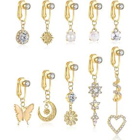 REVOLIA 10Pcs Fake Belly Button Rings for Women Dangle Navel Rings CZ Clip On Belly Rings Set Fake Belly Piercing Jewelry