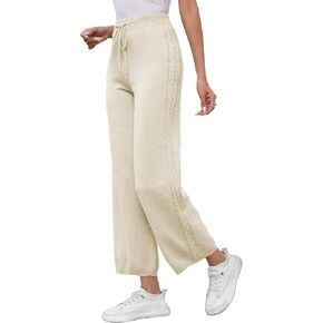 Famulily Womens Cute Side Cable Knit Sweater Pants Wide Leg High Rise Trousers Elastic Waist Pants with Drawstring