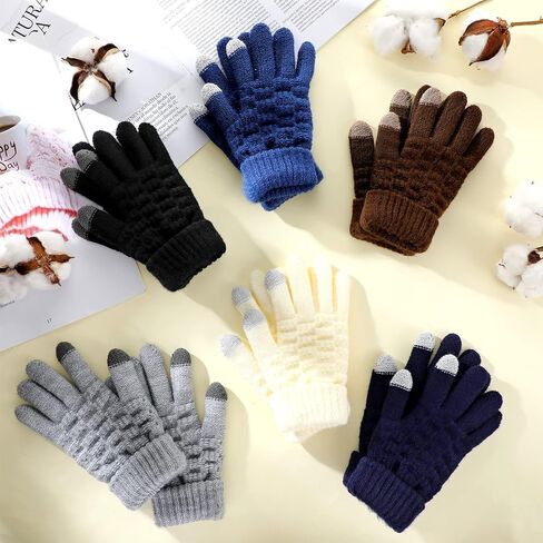 6 Pairs Kids Winter Touchscreen Gloves for Boys Girls Knit Touchscreen Gloves Full Fingers Stretch Gloves Thermal Stretch Child Fleece Lined Knitted Warm Gloves for Cold Weather Snow, 6 Colors in Kuwait