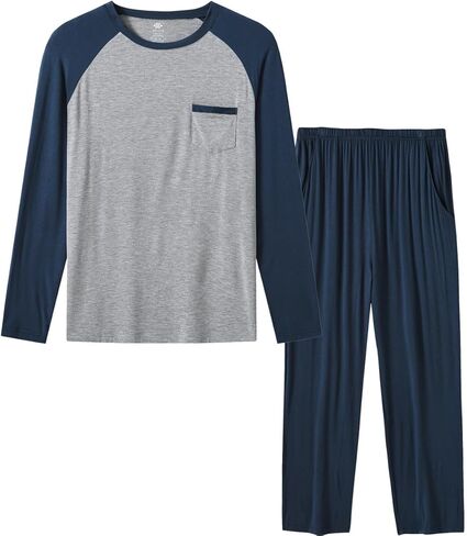 MoFiz Mens Pajama Sets Comfy Long Sleeve Sleepwear Top Solid Pyjama Pants with Pocket 2 Piece Loungewear PJs Sets for Men in Saudi Arabia