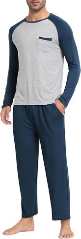 MoFiz Mens Pajama Sets Comfy Long Sleeve Sleepwear Top Solid Pyjama Pants with Pocket 2 Piece Loungewear PJs Sets for Men in Saudi Arabia
