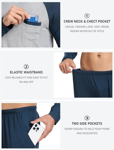 MoFiz Mens Pajama Sets Comfy Long Sleeve Sleepwear Top Solid Pyjama Pants with Pocket 2 Piece Loungewear PJs Sets for Men in Saudi Arabia