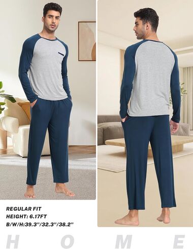 MoFiz Mens Pajama Sets Comfy Long Sleeve Sleepwear Top Solid Pyjama Pants with Pocket 2 Piece Loungewear PJs Sets for Men in Saudi Arabia