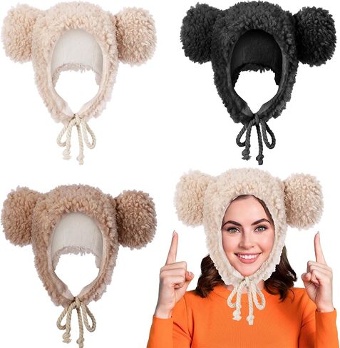 Suhine 3 Pcs Cute Fuzzy Faux Fur Bear Hat Animal Warm Furry Fluffy Plush Hat with Ear Flaps Soft Winter Thermal Ears Beanie for Outdoor Girls Women Adults Lovely Gift in Saudi Arabia