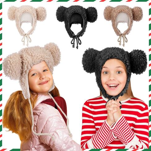 Suhine 3 Pcs Cute Fuzzy Faux Fur Bear Hat Animal Warm Furry Fluffy Plush Hat with Ear Flaps Soft Winter Thermal Ears Beanie for Outdoor Girls Women Adults Lovely Gift in Saudi Arabia