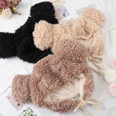 Suhine 3 Pcs Cute Fuzzy Faux Fur Bear Hat Animal Warm Furry Fluffy Plush Hat with Ear Flaps Soft Winter Thermal Ears Beanie for Outdoor Girls Women Adults Lovely Gift in Saudi Arabia