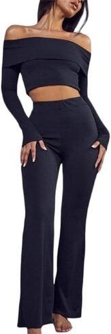 Sastianaen Women’s Basic 2 Piece Outfits Y2k Long Sleeve Crop Top and Low Waist Flare Pants Set Slim Lounge Yoga Tracksuit in Kuwait