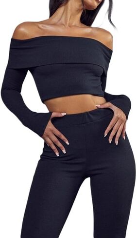 Sastianaen Women’s Basic 2 Piece Outfits Y2k Long Sleeve Crop Top and Low Waist Flare Pants Set Slim Lounge Yoga Tracksuit in Kuwait