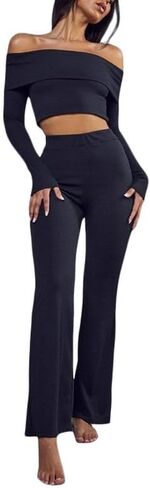 Sastianaen Women’s Basic 2 Piece Outfits Y2k Long Sleeve Crop Top and Low Waist Flare Pants Set Slim Lounge Yoga Tracksuit in Kuwait